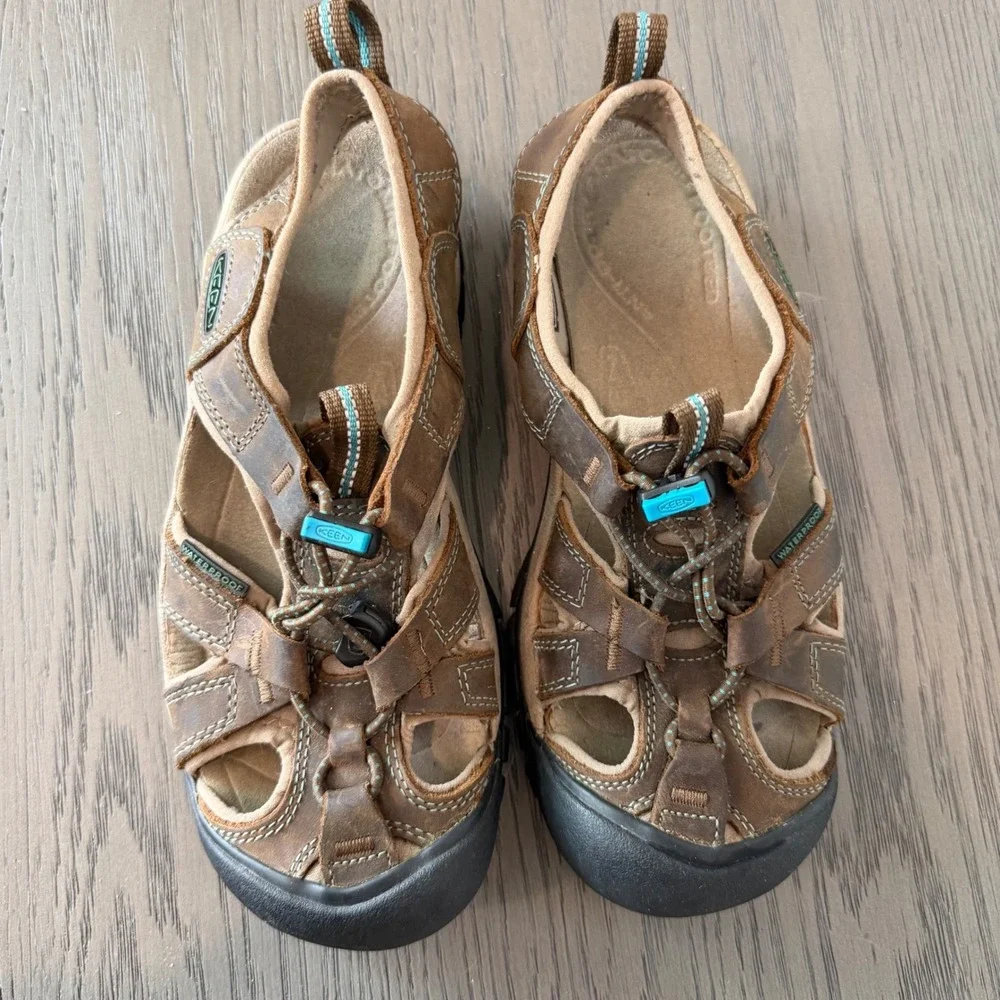 KEEN Whisper Waterproof Leather Hiking Sandals Brown Blue 1003993 Womens 6
